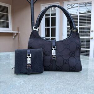 GUCCI Jackie 1961 GG Monogram Canvas Leather Black Women's Bag & Wallet Set
